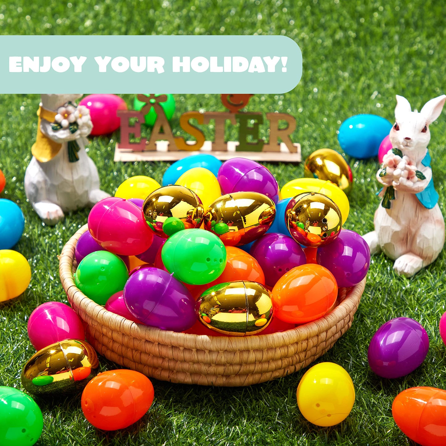 JOYIN 300Pcs Easter Eggs – 2.3" Fillable Plastic Eggs with 6 Golden Eggs for Easter Hunts & Party Decor