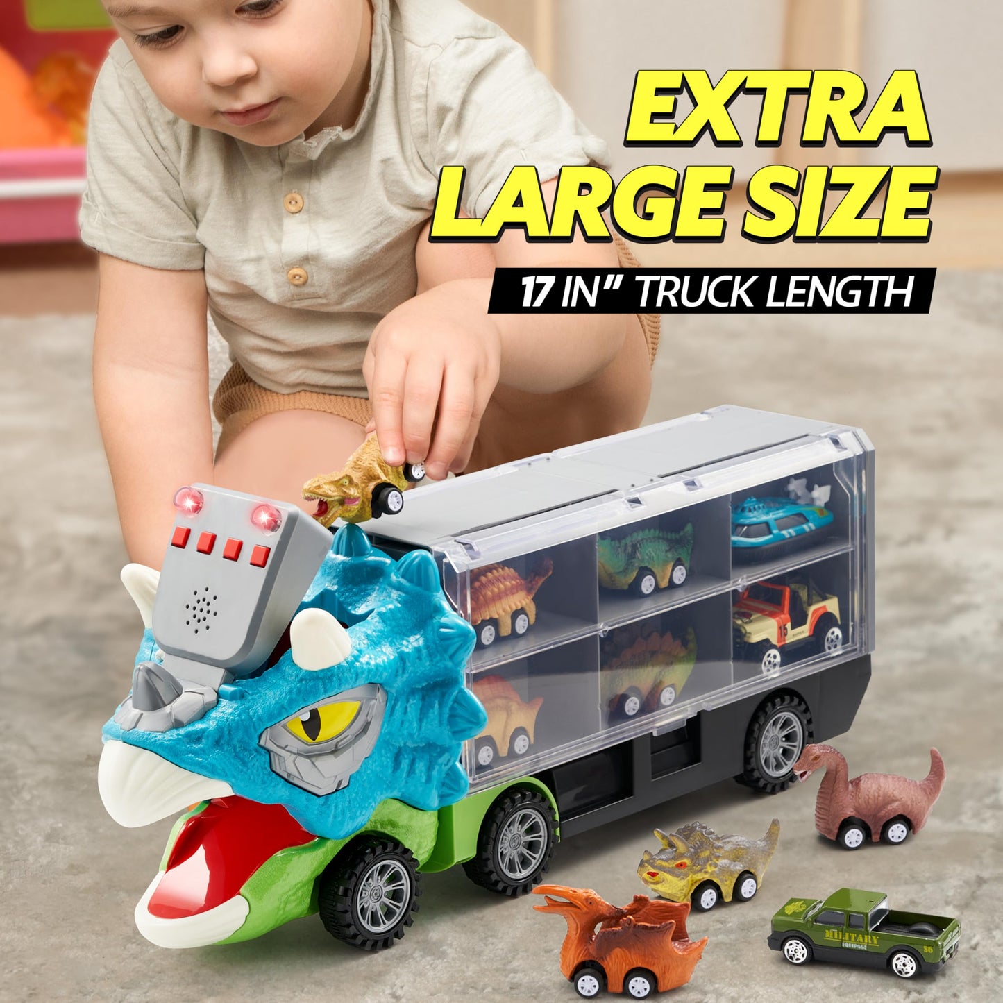 JOYIN 13-in-1 Dinosaur Truck with 12 Pull-Back Cars – Transport Carrier Toy for 3-5 Year Olds