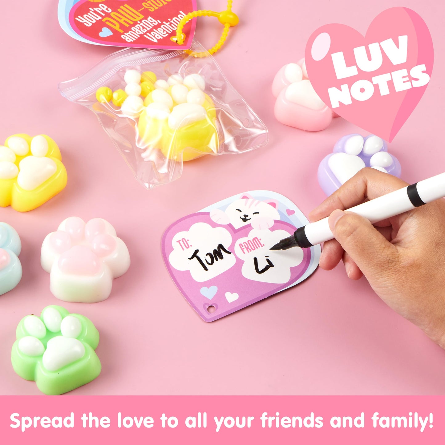 JOYIN 24-Pack Valentine's Cat Paw Fidget Toys with Cards & Keychains — 6 Colors