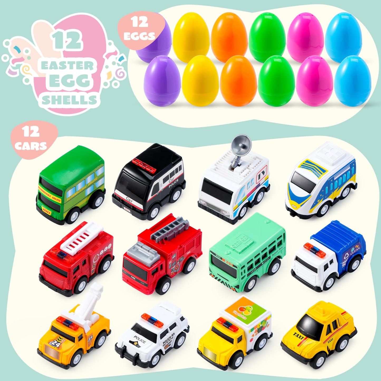 JOYIN 12 Pcs Prefilled Easter Eggs with Alloy Pull Back Cars – Easter Egg Hunt Toys & Basket Stuffers