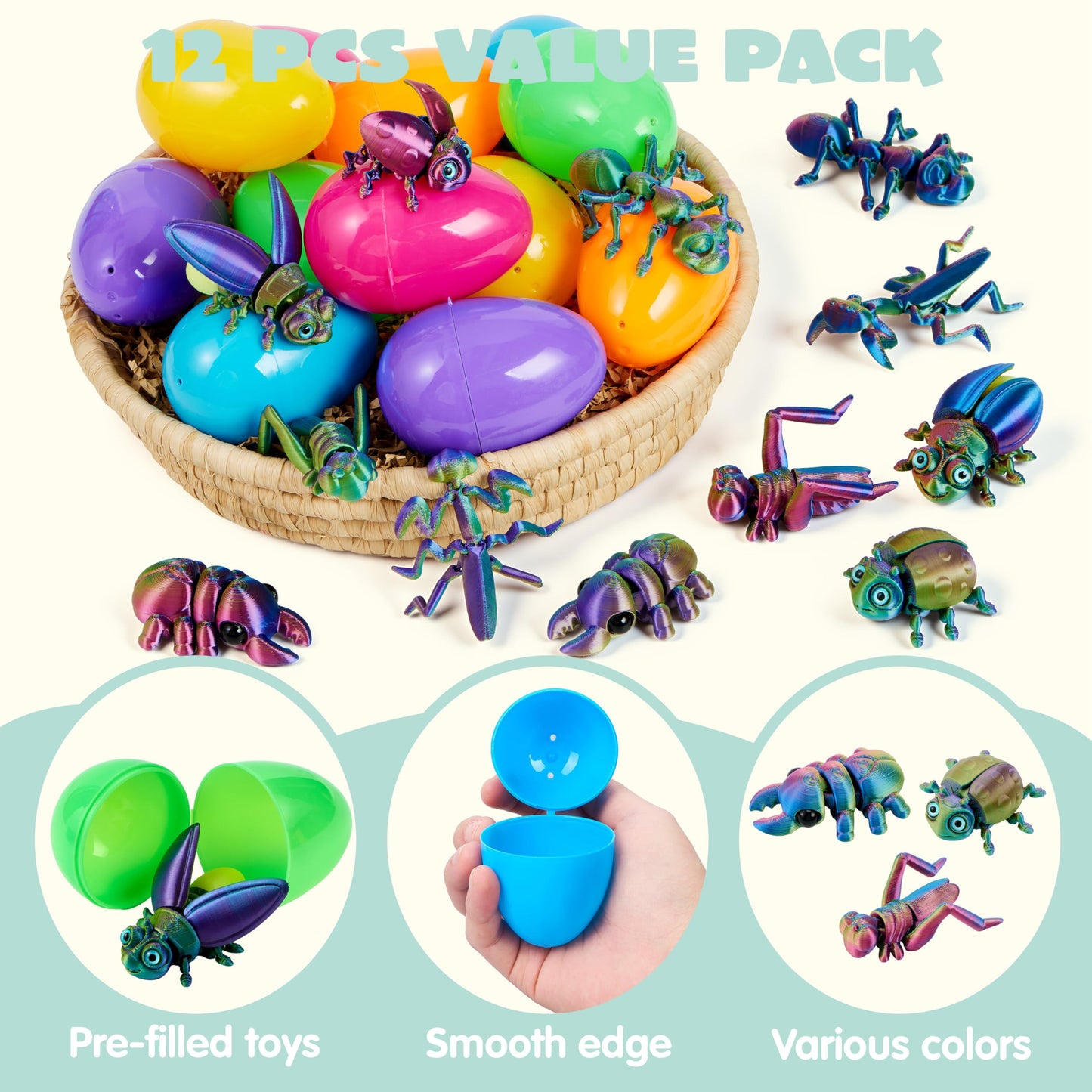 JOYIN 12 Pcs Prefilled Easter Eggs with 3D Printed Insects – Party Favors, Easter Basket Stuffers, Classroom Prizes