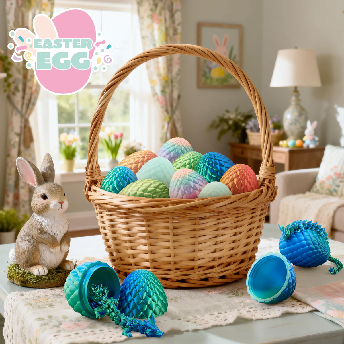 JOYIN 3D Printed Dragon Egg with 12-inch Laser Blue-Green Dragon Inside – Articulated Toy & Easter Gift