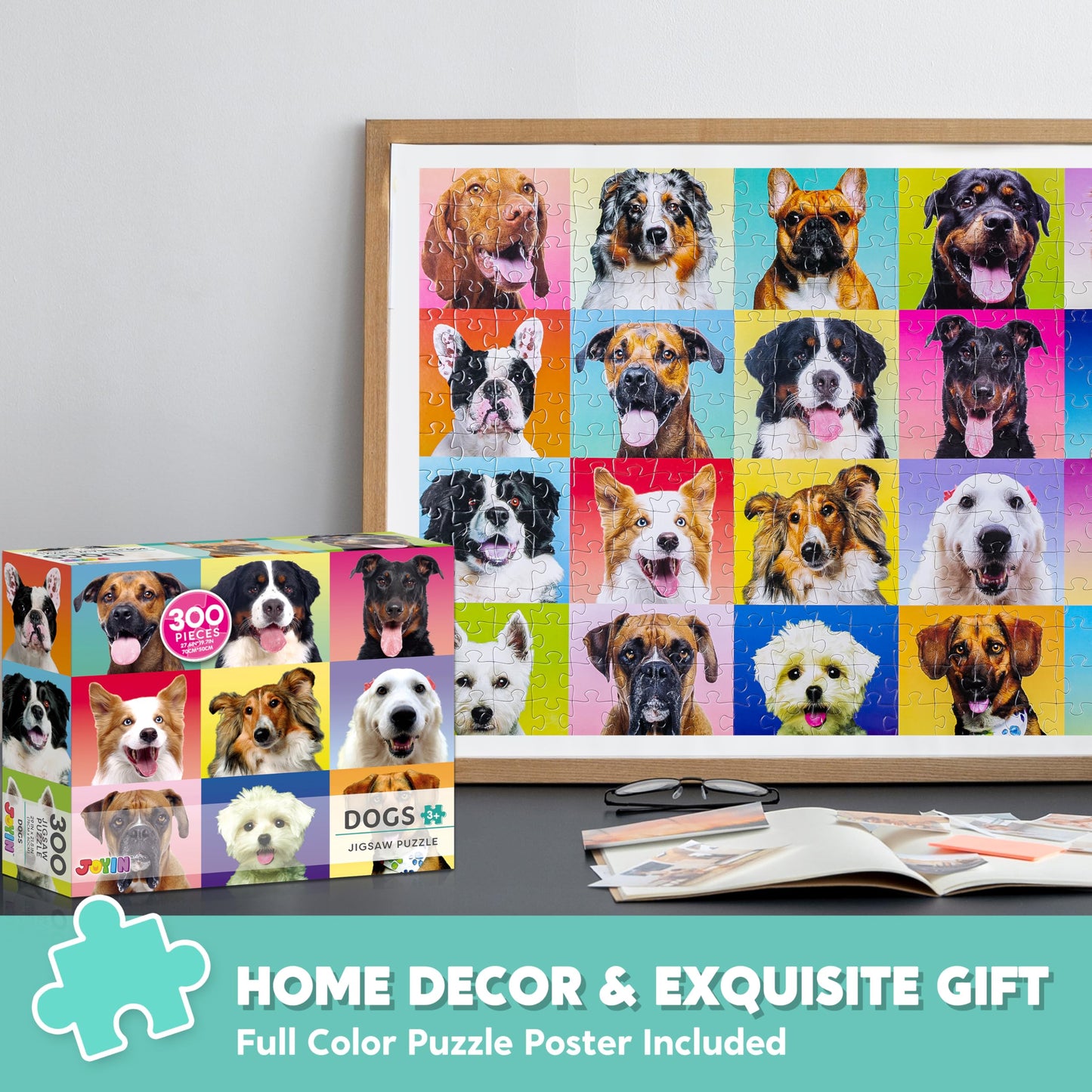 JOYIN 300-Piece Multicolor Dog Puzzle – Large 27.6 x 19.7 in Jigsaw for Kids & Adults