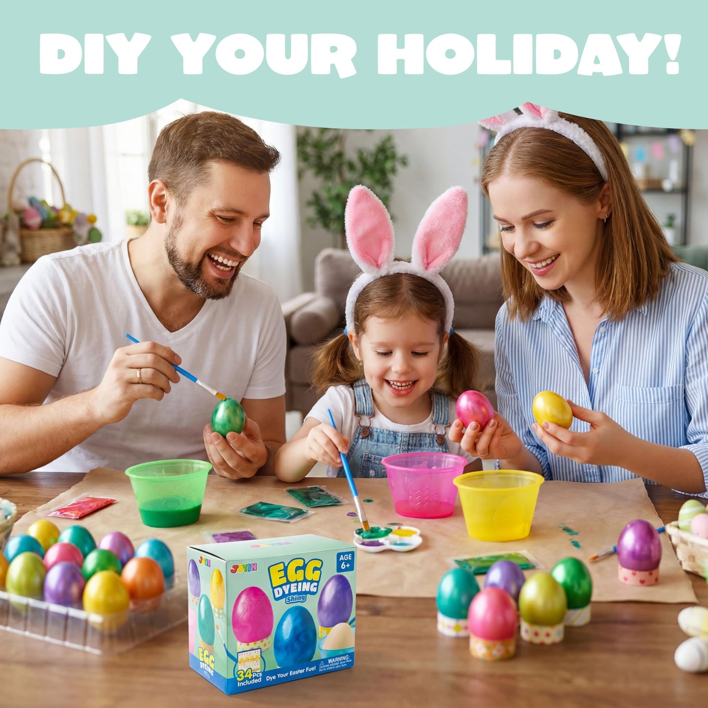 JOYIN 34 PCS Easter Egg Dye Kit – Multicolor Liquid Dyes, Brushes & Egg Stands