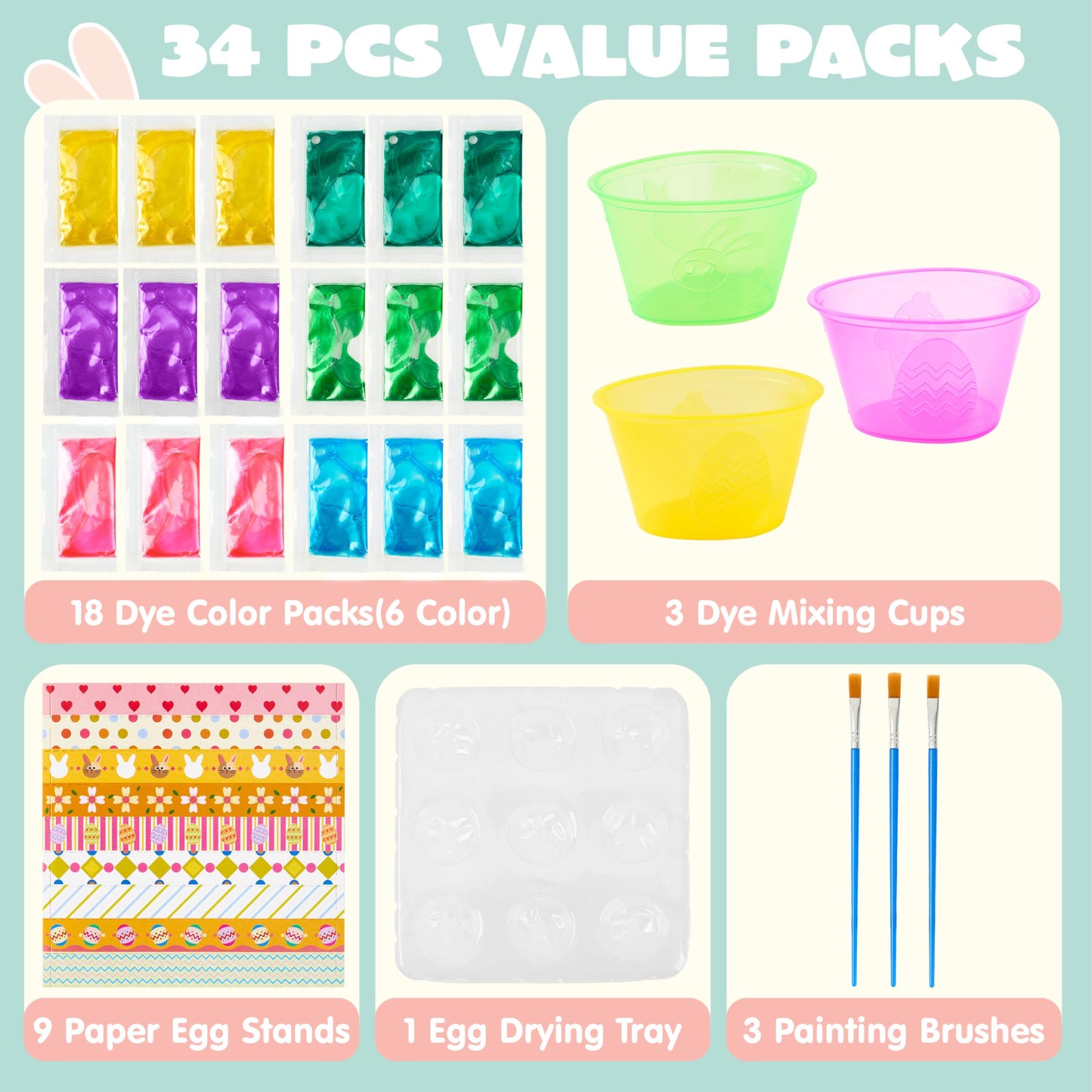 JOYIN 34 PCS Easter Egg Dye Kit – Multicolor Liquid Dyes, Brushes & Egg Stands
