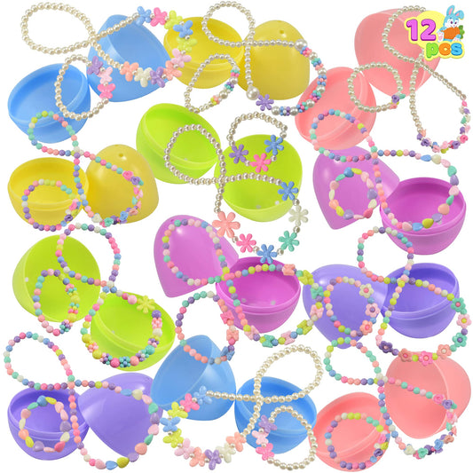 JOYIN 12-Pack Prefilled Easter Eggs with Jewelry Toys – 24 Necklaces & Bracelets for Kids