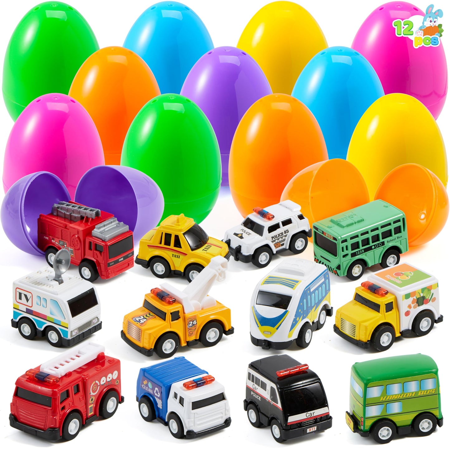 JOYIN 12 Pcs Prefilled Easter Eggs with Alloy Pull Back Cars – Easter Egg Hunt Toys & Basket Stuffers