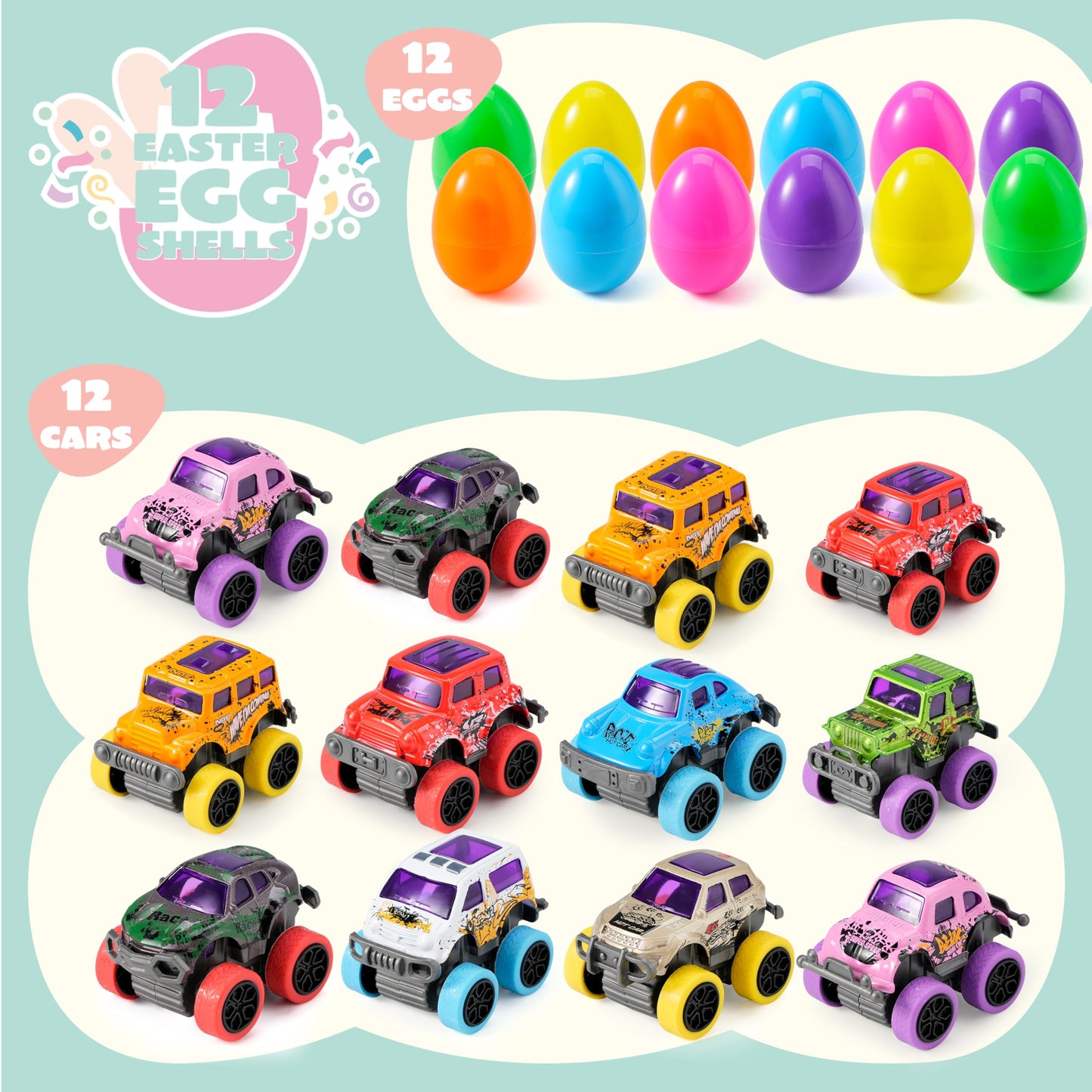 JOYIN 12 Pcs Easter Eggs with Pull-Back Monster Cars – Easter Egg Hunt Toys, Classroom Prizes & Party Favors