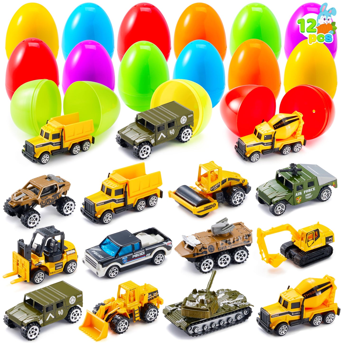 JOYIN 12 Pcs Prefilled Easter Eggs with Die-Cast Vehicles | Easter Egg Hunt Toys & Party Favors