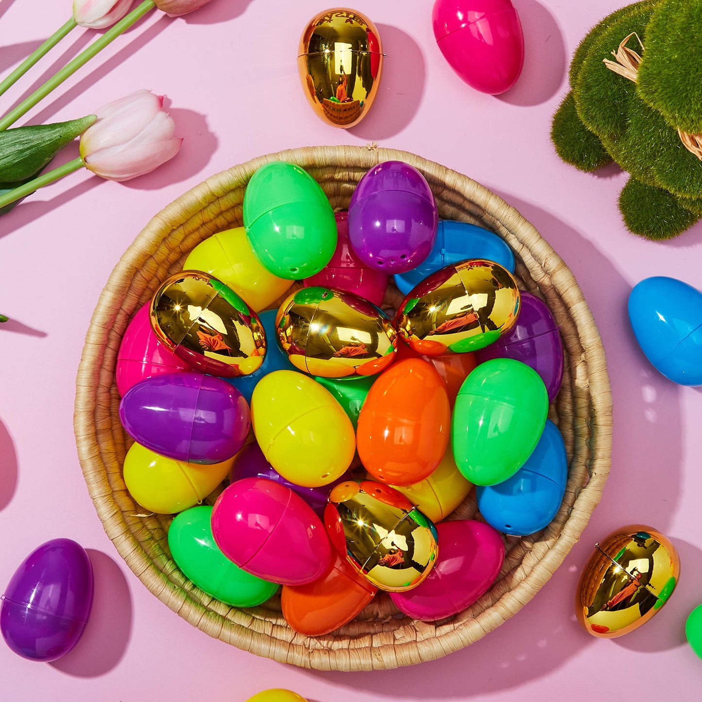 JOYIN 25PCS Plastic Easter Eggs – Colorful 2.3-Inch Fillable Eggs with 6 Golden Eggs for Easter Hunts & Party Favors