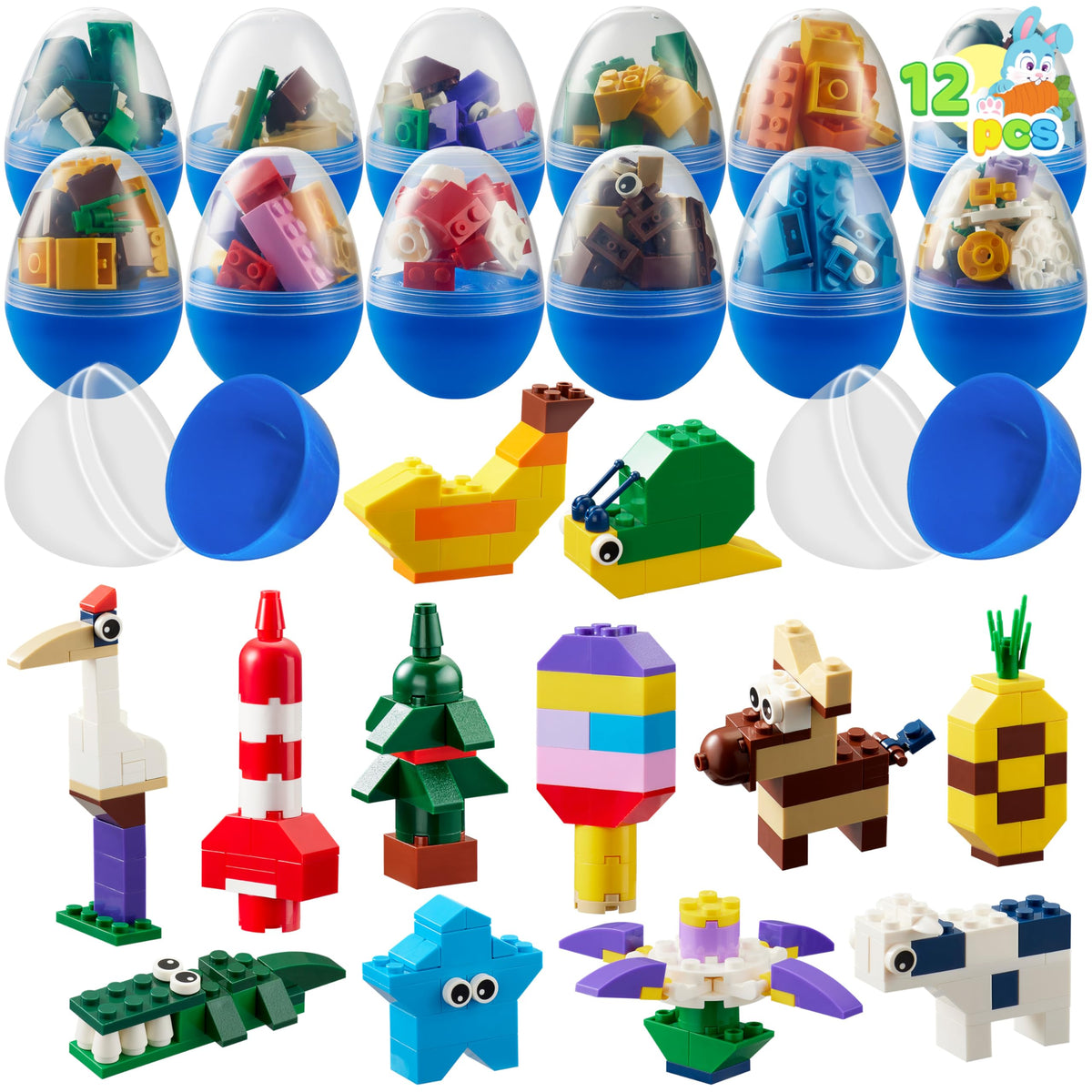 JOYIN 12 Pcs Pre-Filled Easter Eggs with Cute Characters Building Blocks — Kids Gift, Hunt & Party Favors
