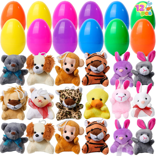 JOYIN 12 Pcs Prefilled Easter Eggs with Mini Plush Animals – Easter Egg Hunt Filler & Party Favors