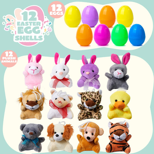 JOYIN 12 Pcs Prefilled Easter Eggs with Mini Plush Animals – Easter Egg Hunt Filler & Party Favors