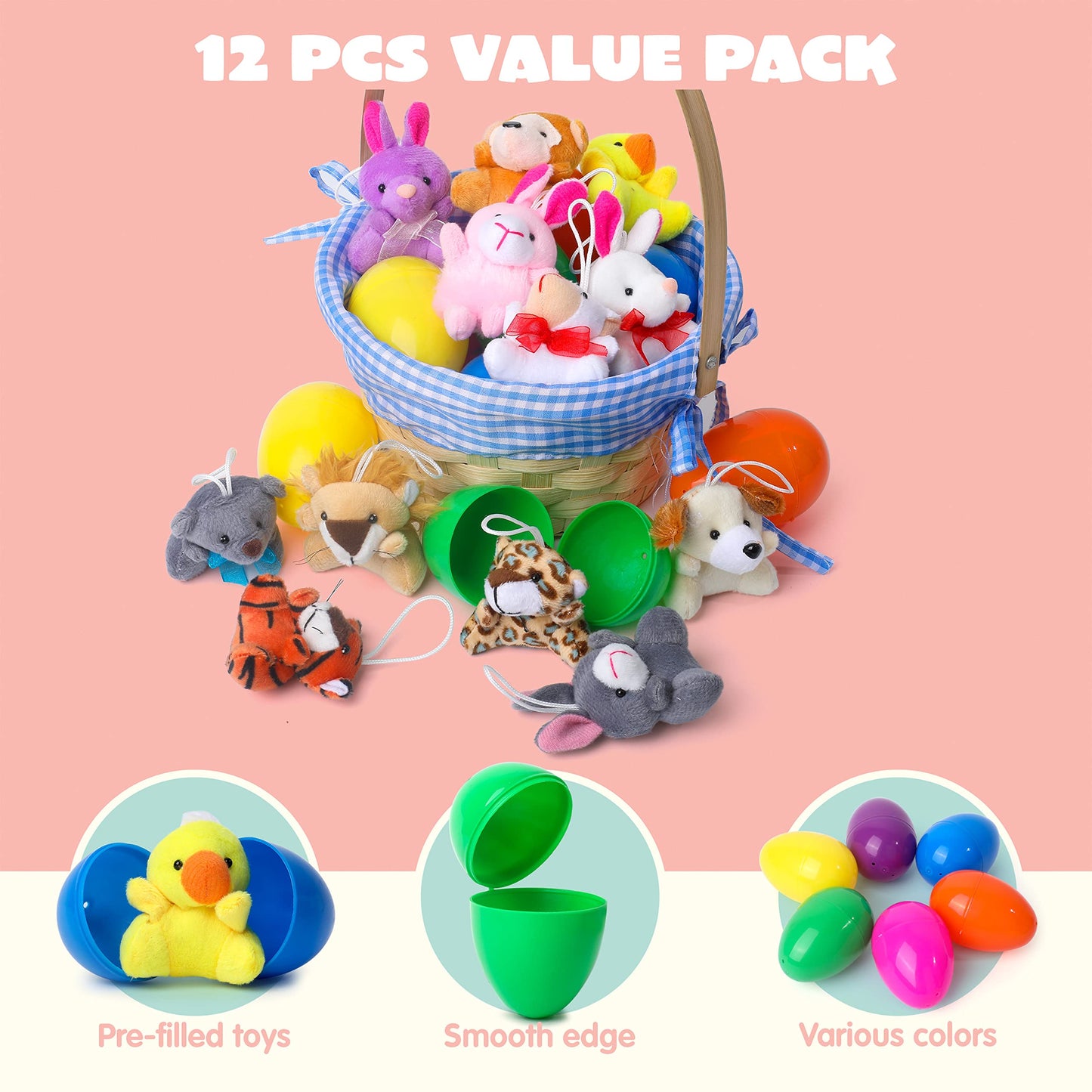 JOYIN 12 Pcs Prefilled Easter Eggs with Mini Plush Animals – Easter Egg Hunt Filler & Party Favors