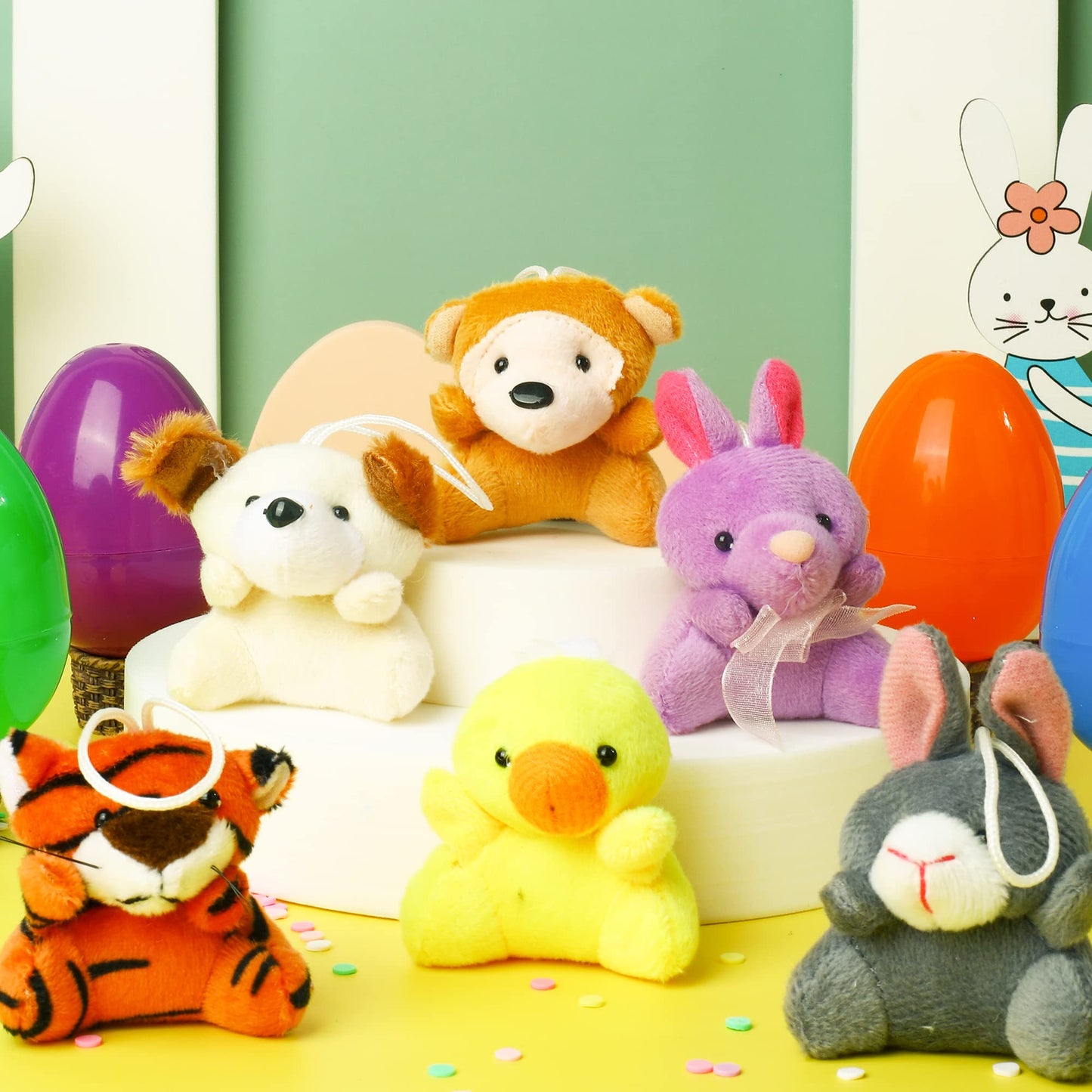 JOYIN 12 Pcs Prefilled Easter Eggs with Mini Plush Animals – Easter Egg Hunt Filler & Party Favors
