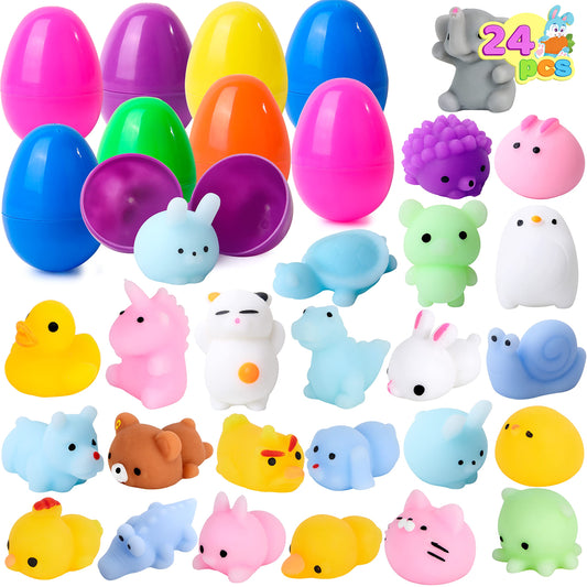 JOYIN 24 Pcs Easter Prefilled Eggs with Mochi Squishy Toys — Jumbo Eggs, Hinge Design, Party Favors & Basket Stuffers