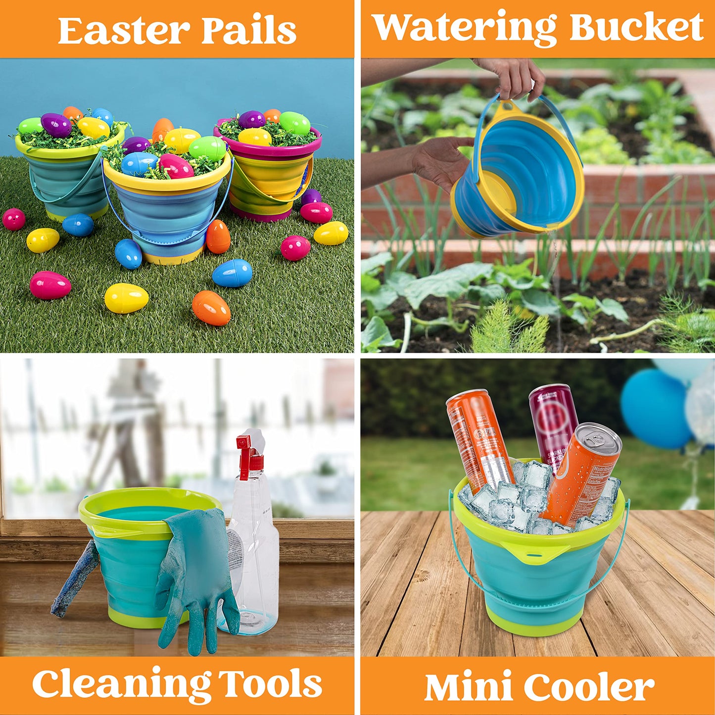 JOYIN 3-Pack Foldable Pail Buckets with Shovels & Mesh Bag – Beach & Camping Fun