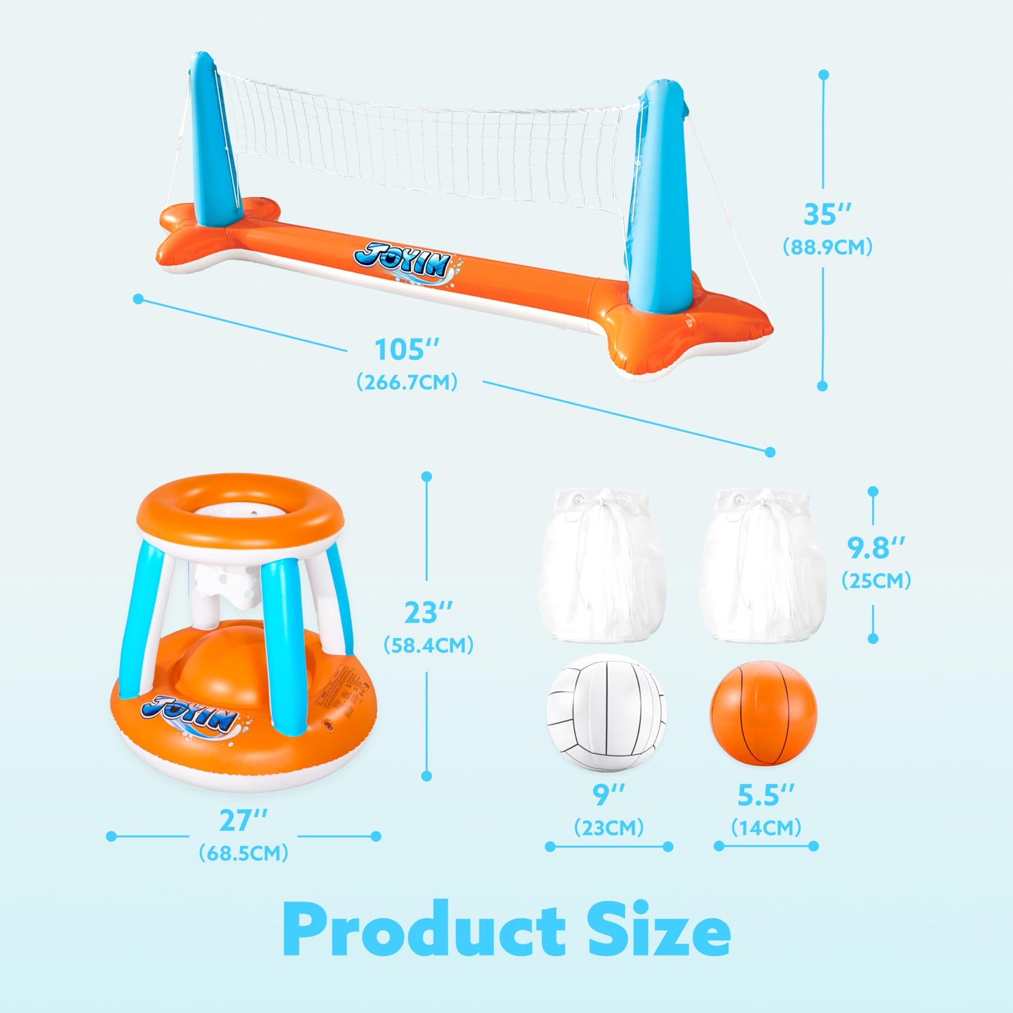 JOYIN Inflatable Pool Float Set with Volleyball Net & Basketball Hoops – 105”x28”x38” / 27.6”x23” | L-Orange