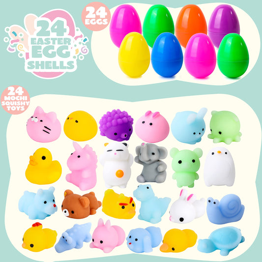 JOYIN 24 Pcs Easter Prefilled Eggs with Mochi Squishy Toys — Jumbo Eggs, Hinge Design, Party Favors & Basket Stuffers