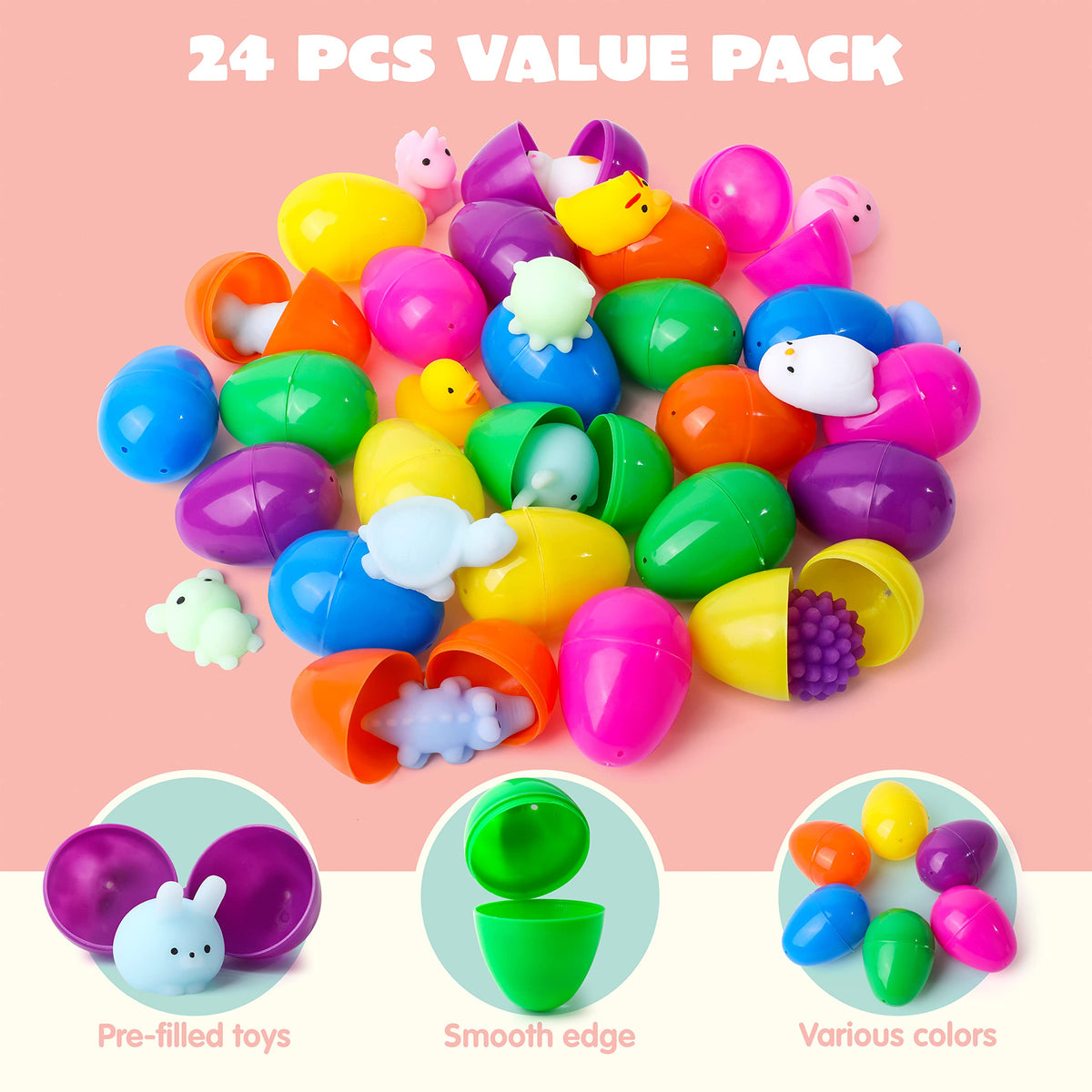 JOYIN 24 Pcs Easter Prefilled Eggs with Mochi Squishy Toys — Jumbo Eggs, Hinge Design, Party Favors & Basket Stuffers