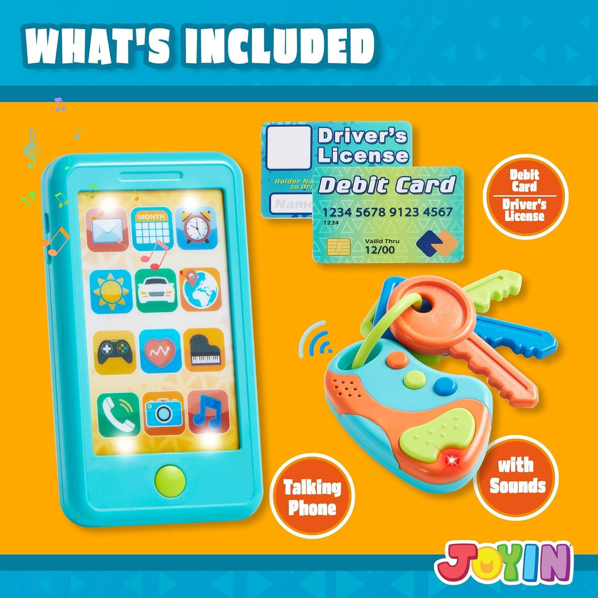 JOYIN Pretend Toddler Phone & Learning Toy Set – Keyfob, Driver License & Debit Card