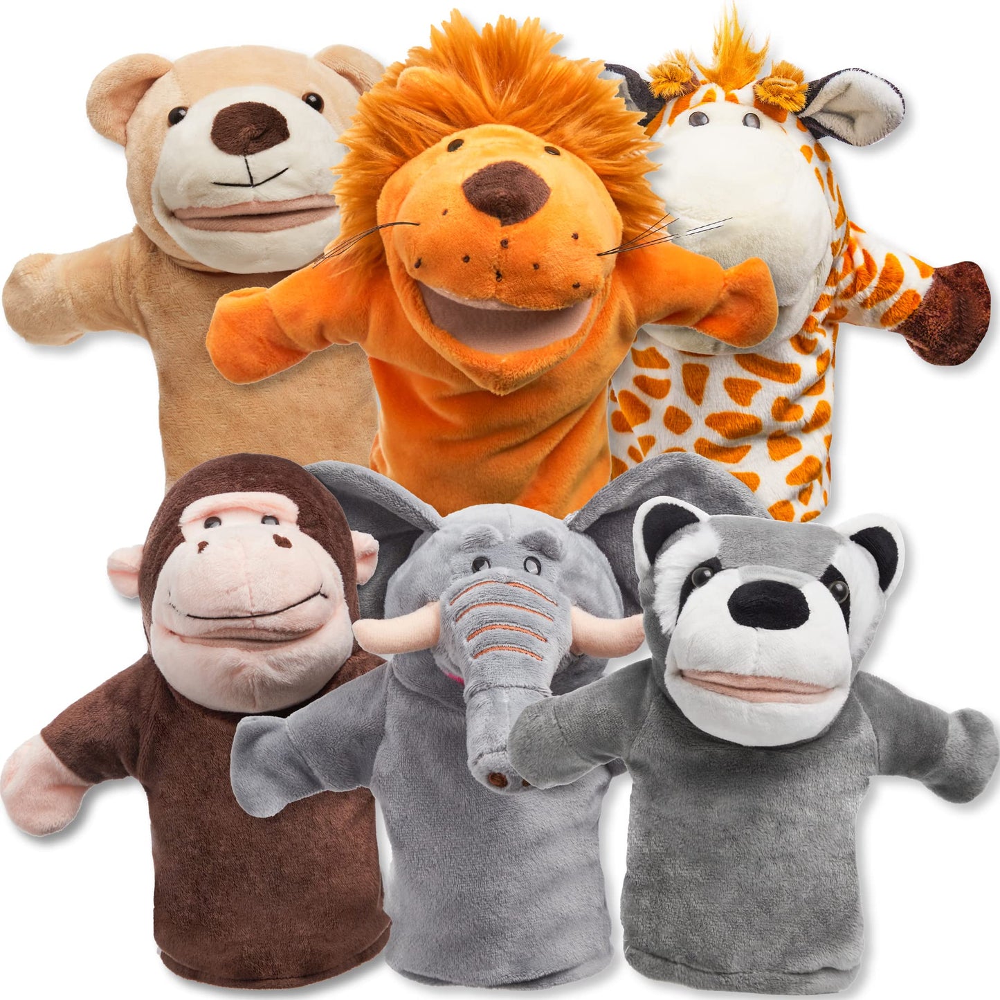 JOYIN 6Pcs Kids Hand Puppet Set with Working Mouth — Elephant, Giraffe, Lion, Bear, Raccoon & Monkey