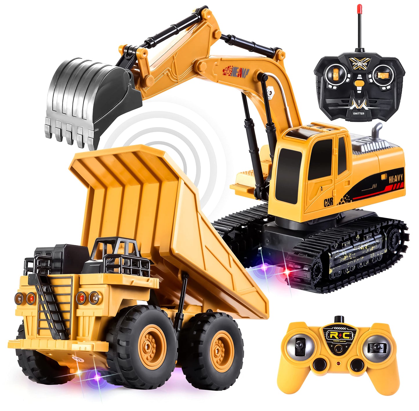 JOYIN 2‑Pack Remote Control Construction Vehicles — RC Excavator & Dump Truck with Lights & Sounds