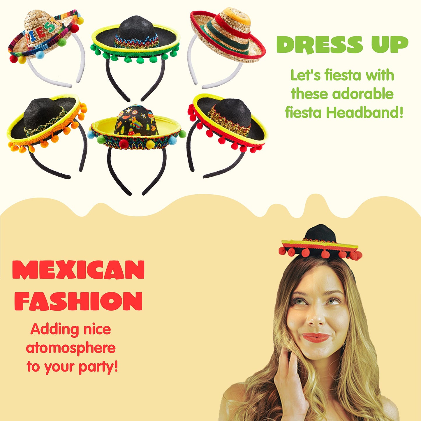 JOYIN 6-Pack Cinco De Mayo Fiesta Fabric & Straw Sombrero Headbands – Party Props & Favors