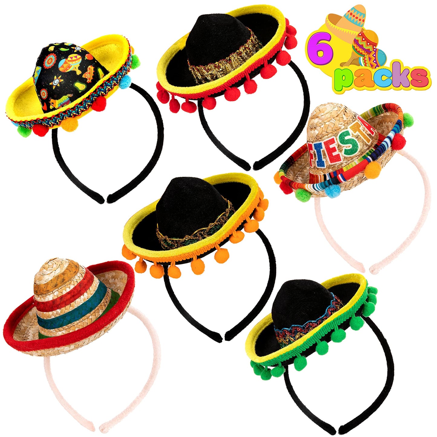 JOYIN 6-Pack Cinco De Mayo Fiesta Fabric & Straw Sombrero Headbands – Party Props & Favors