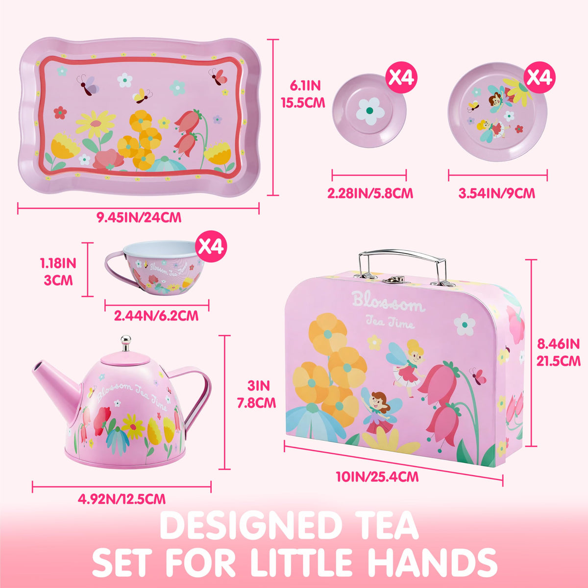 JOYIN Fairy Blossom Tea Party Set for Little Girls | Tin Teapot Playset with Carrying Case (Ages 3-6)