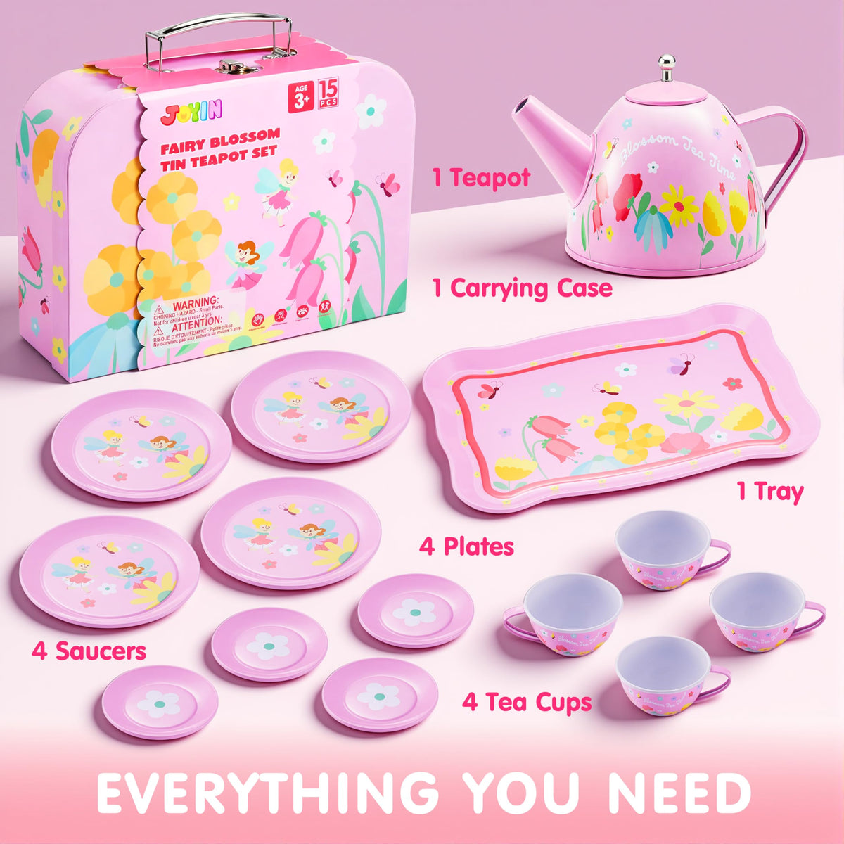 JOYIN Fairy Blossom Tea Party Set for Little Girls | Tin Teapot Playset with Carrying Case (Ages 3-6)