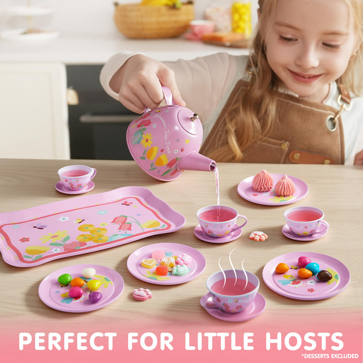 JOYIN Fairy Blossom Tea Party Set for Little Girls | Tin Teapot Playset with Carrying Case (Ages 3-6)