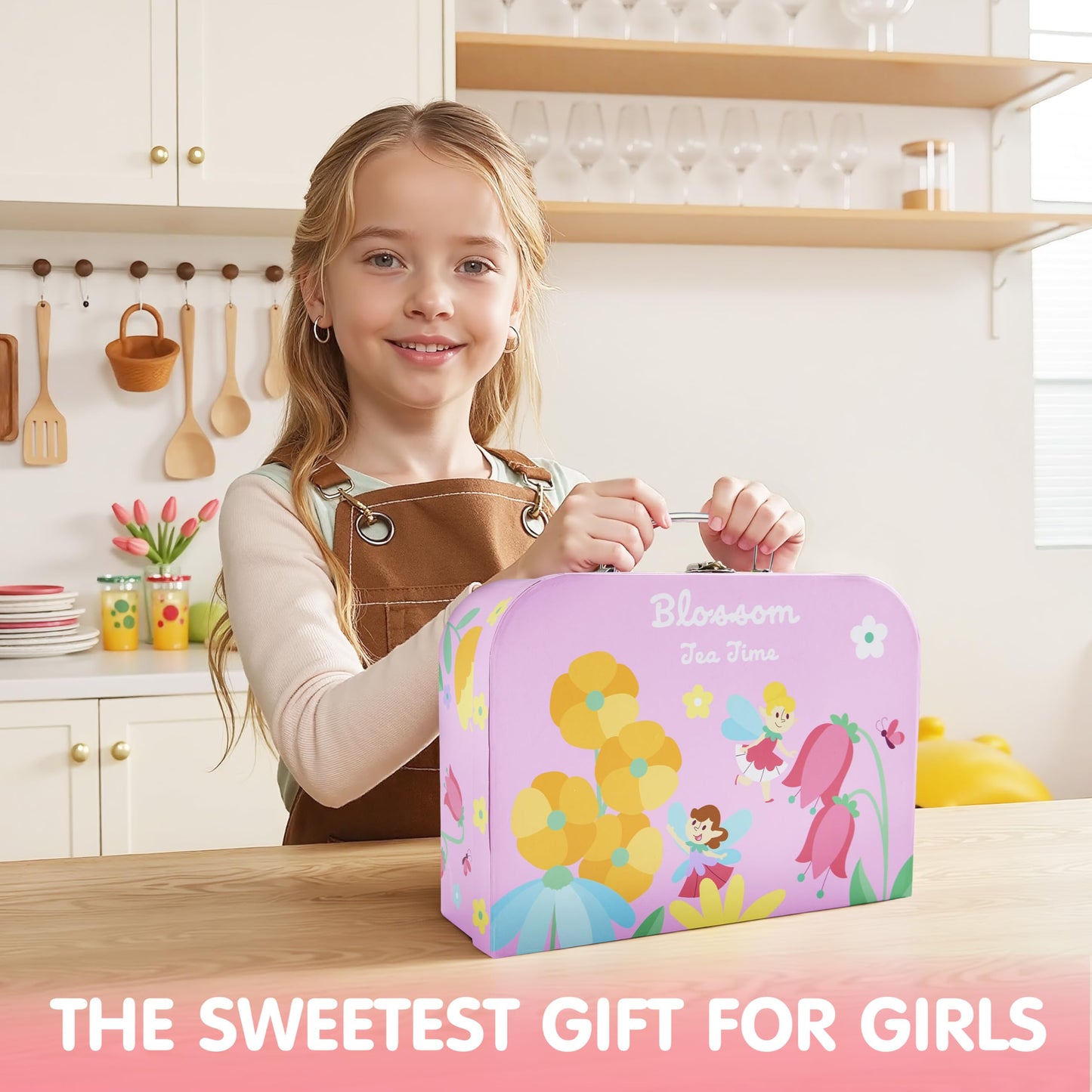 JOYIN Fairy Blossom Tea Party Set for Little Girls | Tin Teapot Playset with Carrying Case (Ages 3-6)
