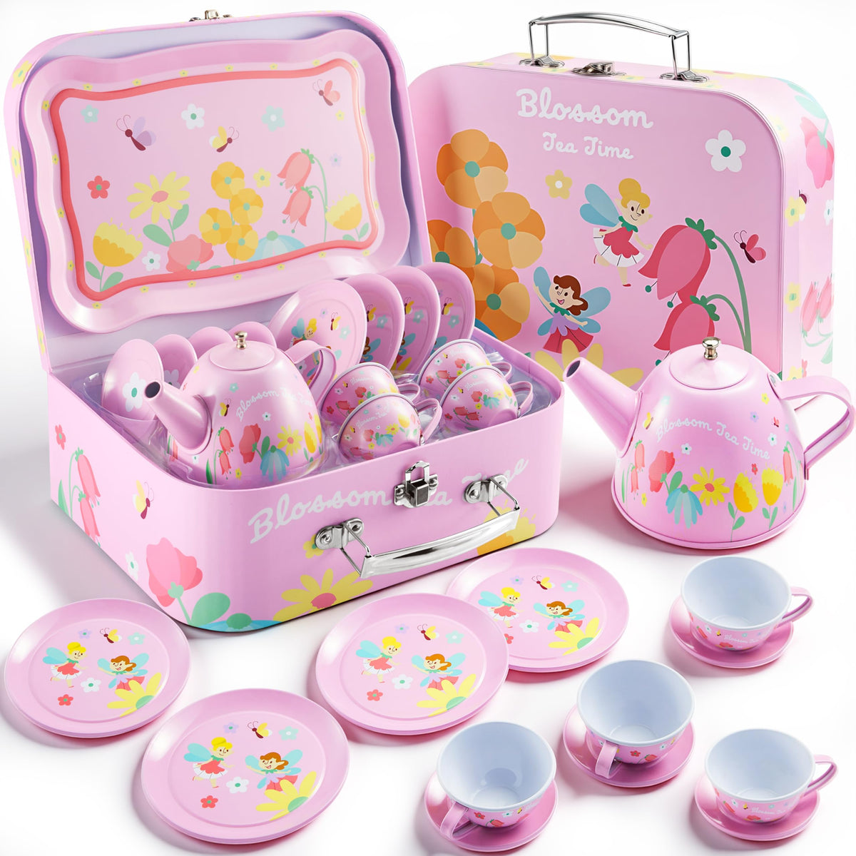 JOYIN Fairy Blossom Tea Party Set for Little Girls | Tin Teapot Playset with Carrying Case (Ages 3-6)