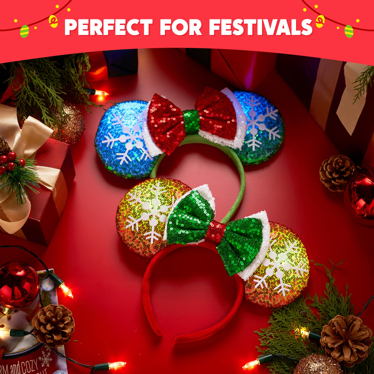 JOYIN 2 Pcs LED Christmas Headbands – Lightup Red & Green Mouse Ears for Adults & Kids