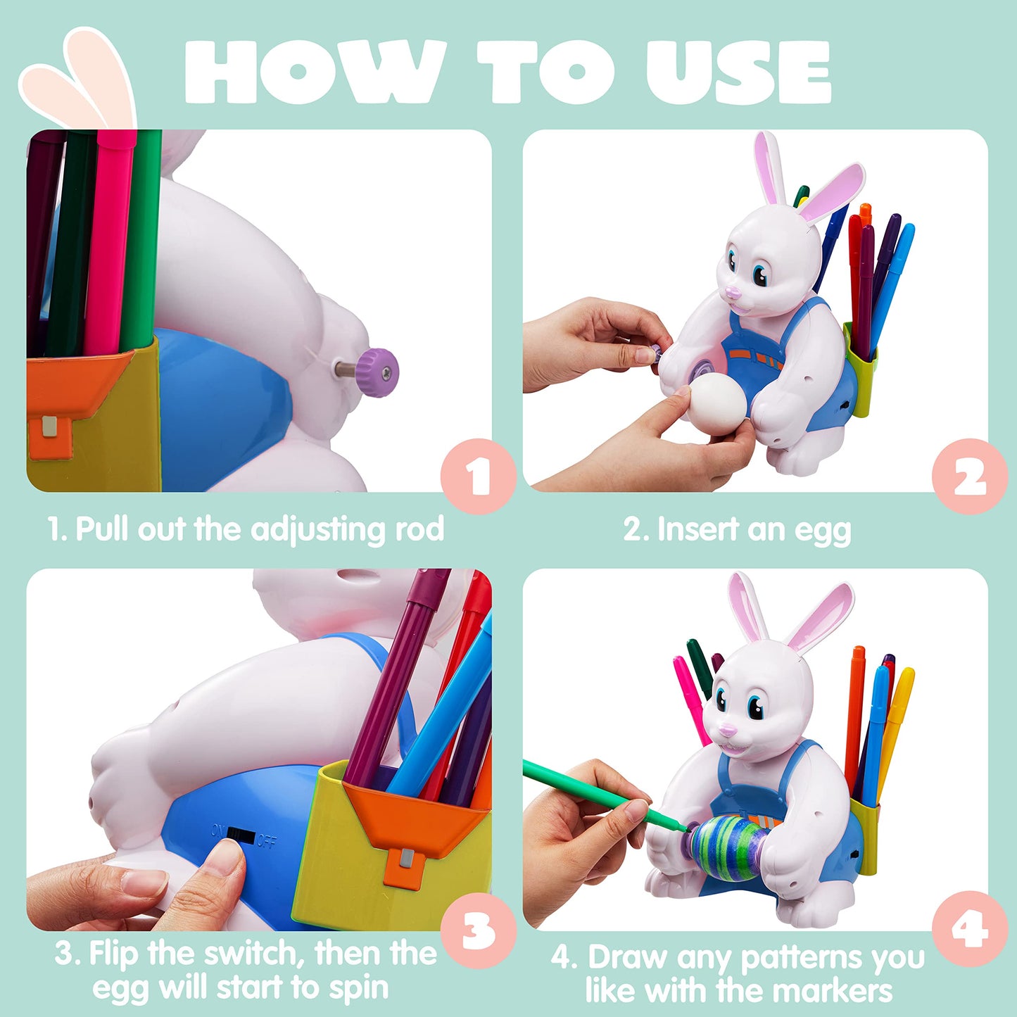 JOYIN Motorized Easter Egg Decorator Kit — Busy Bunny Spinner with 10 Non-Toxic Markers