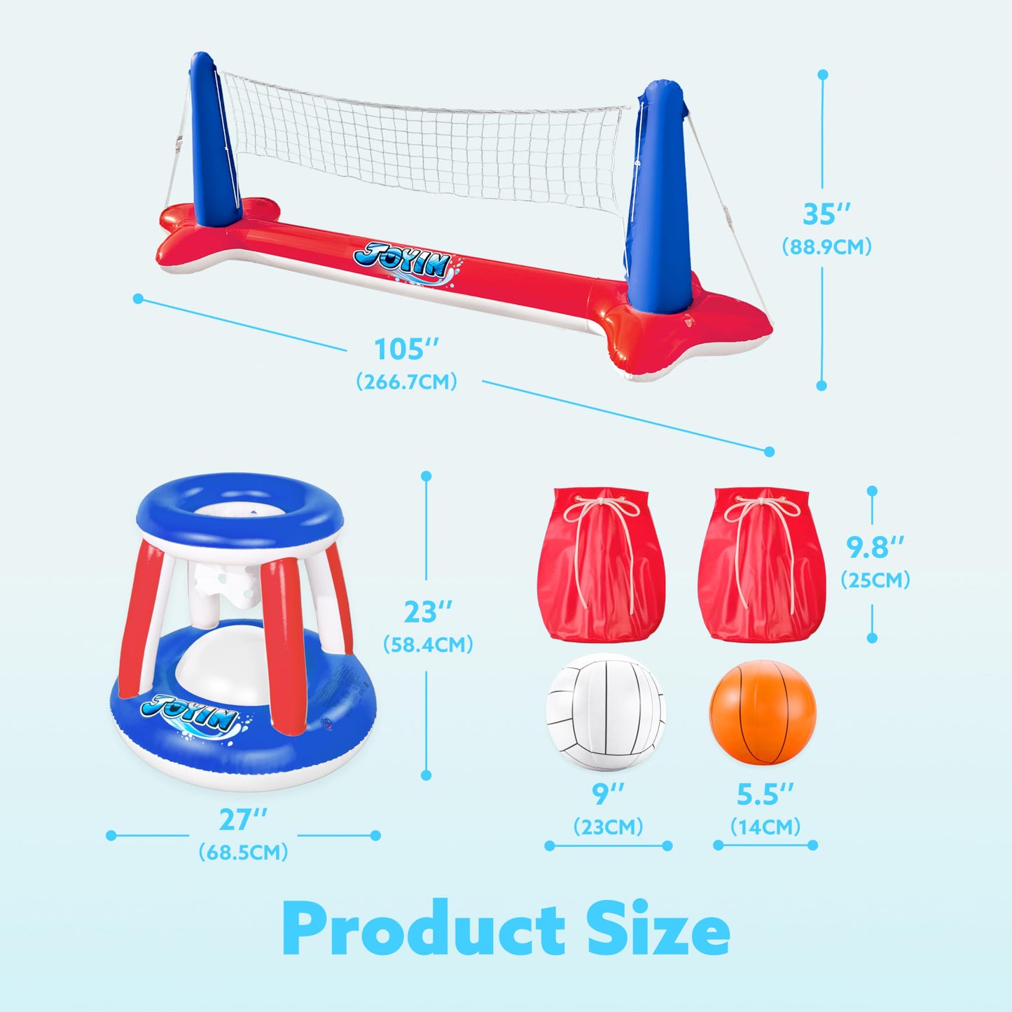 JOYIN Inflatable Pool Float Set – Volleyball Court Net & Basketball Hoops with Balls Included | Summer Pool Games for Kids & Adults | L-Red