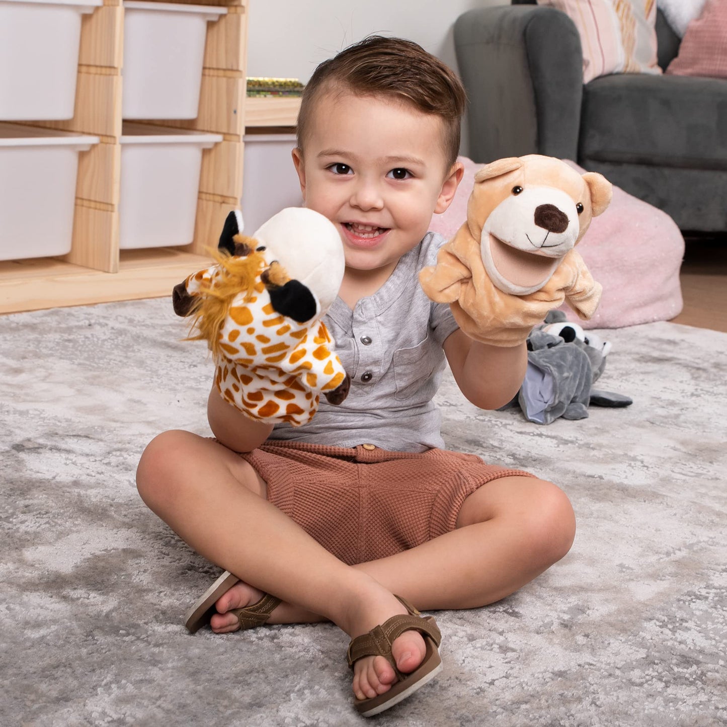 JOYIN 6Pcs Kids Hand Puppet Set with Working Mouth — Elephant, Giraffe, Lion, Bear, Raccoon & Monkey