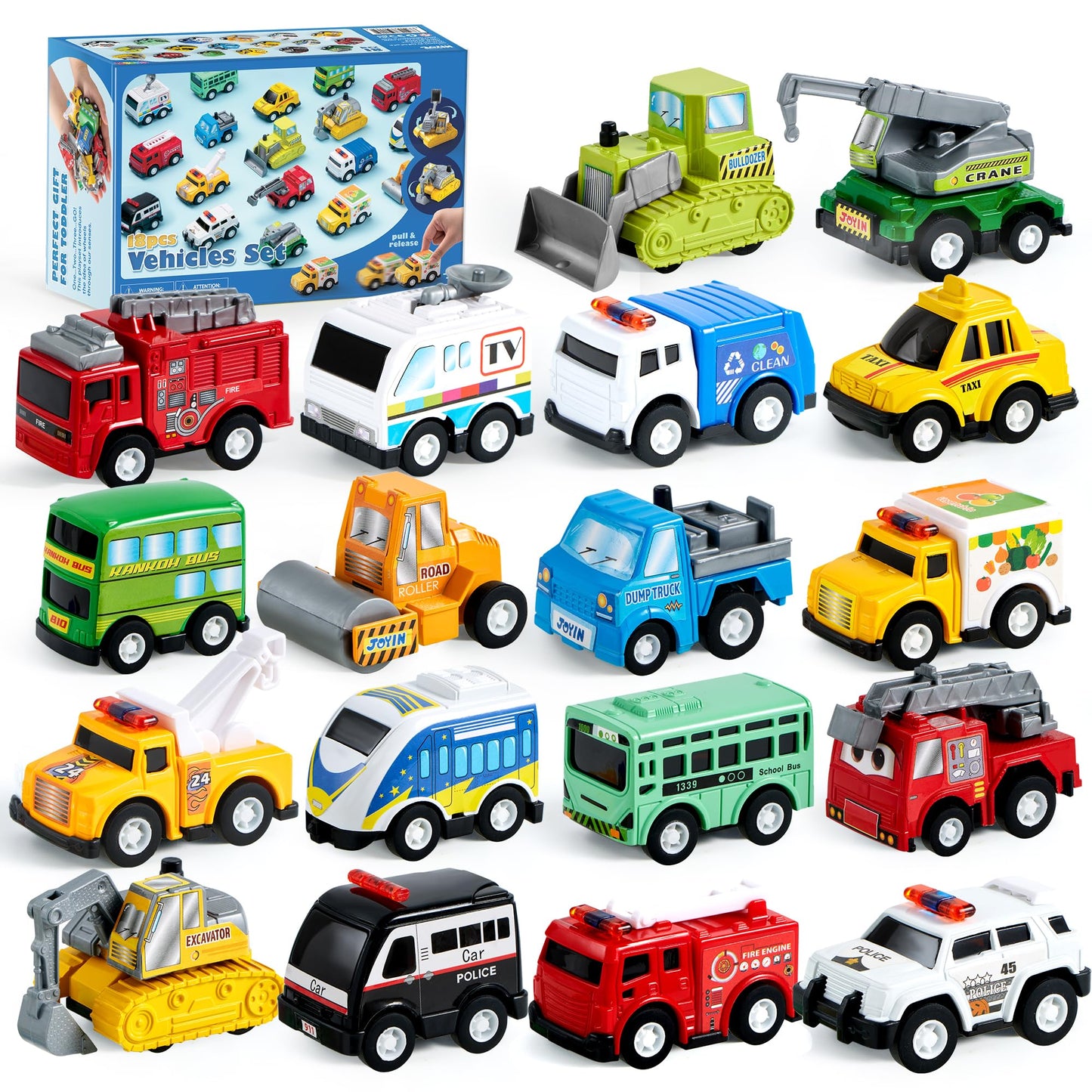 JOYIN 18 Pcs Pull-Back City Cars & Trucks Set — Friction-Powered Toys for Toddlers & Kids
