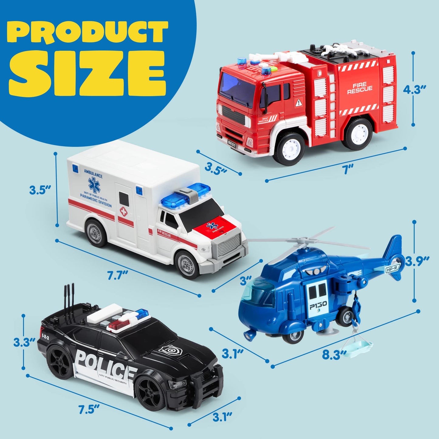 JOYIN Emergency Vehicle Playset – 4-Pack Friction-Powered Vehicles with Lights & Sounds