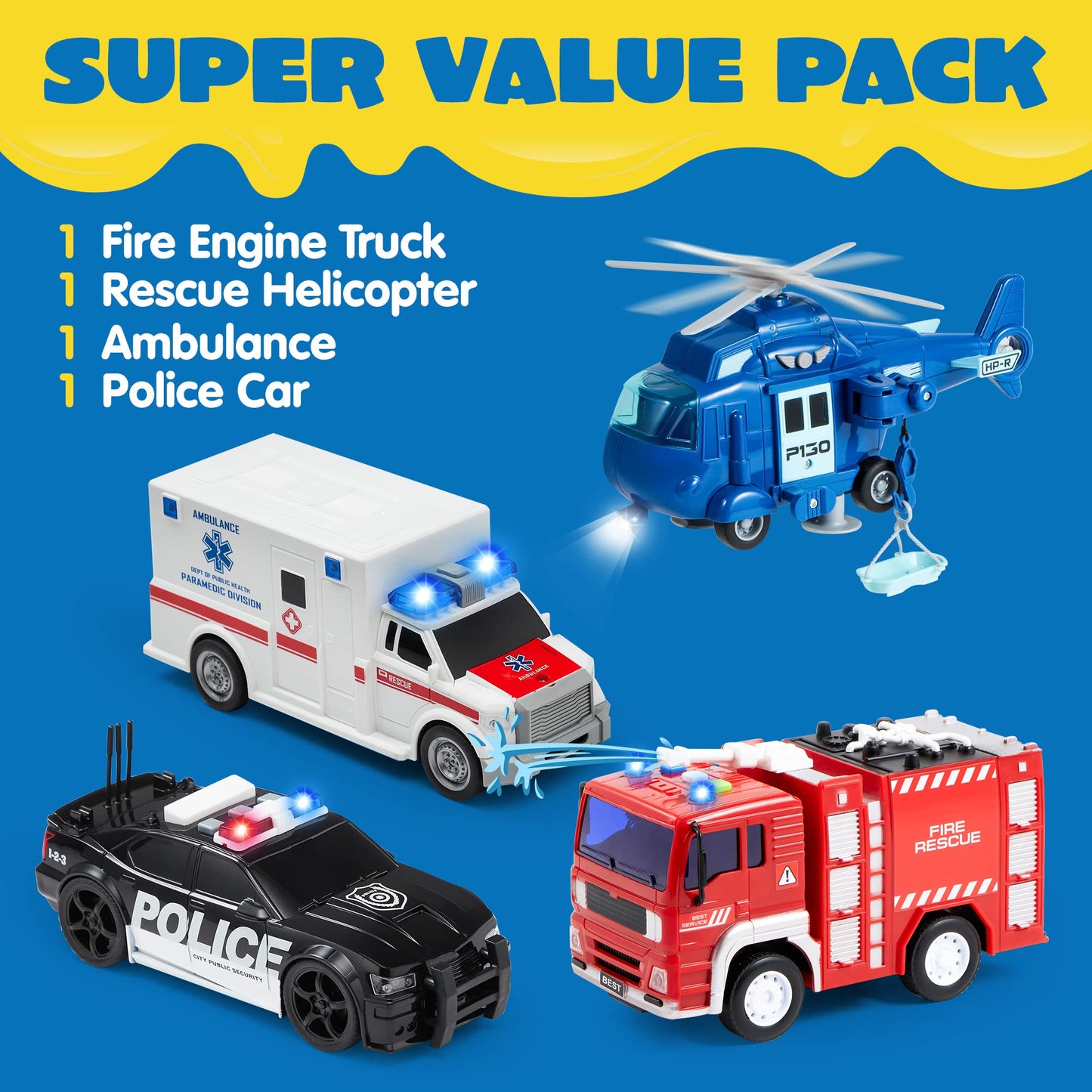 JOYIN Emergency Vehicle Playset – 4-Pack Friction-Powered Vehicles with Lights & Sounds