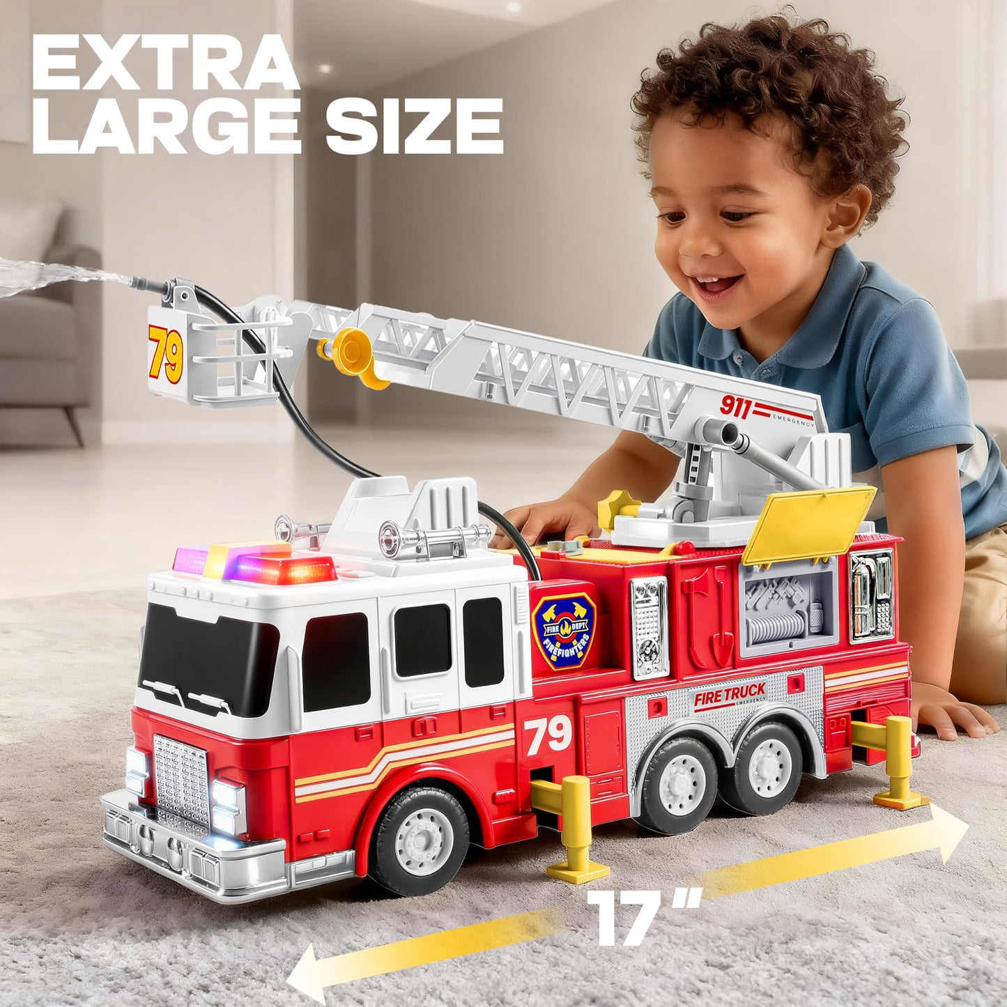 JOYIN Extra Large Toddler Fire Truck Toy with 33-Inch Ladder, Lights & Sprinkler