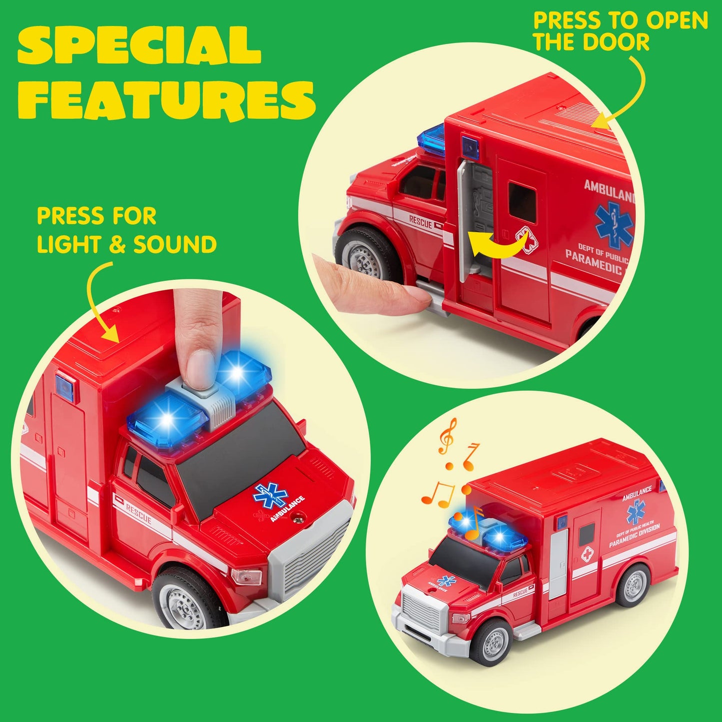 JOYIN 4 Pcs 7\" Vehicle Toy Set with Lights & Sirens – Police Car, Garbage Truck, Fire Truck, School Bus