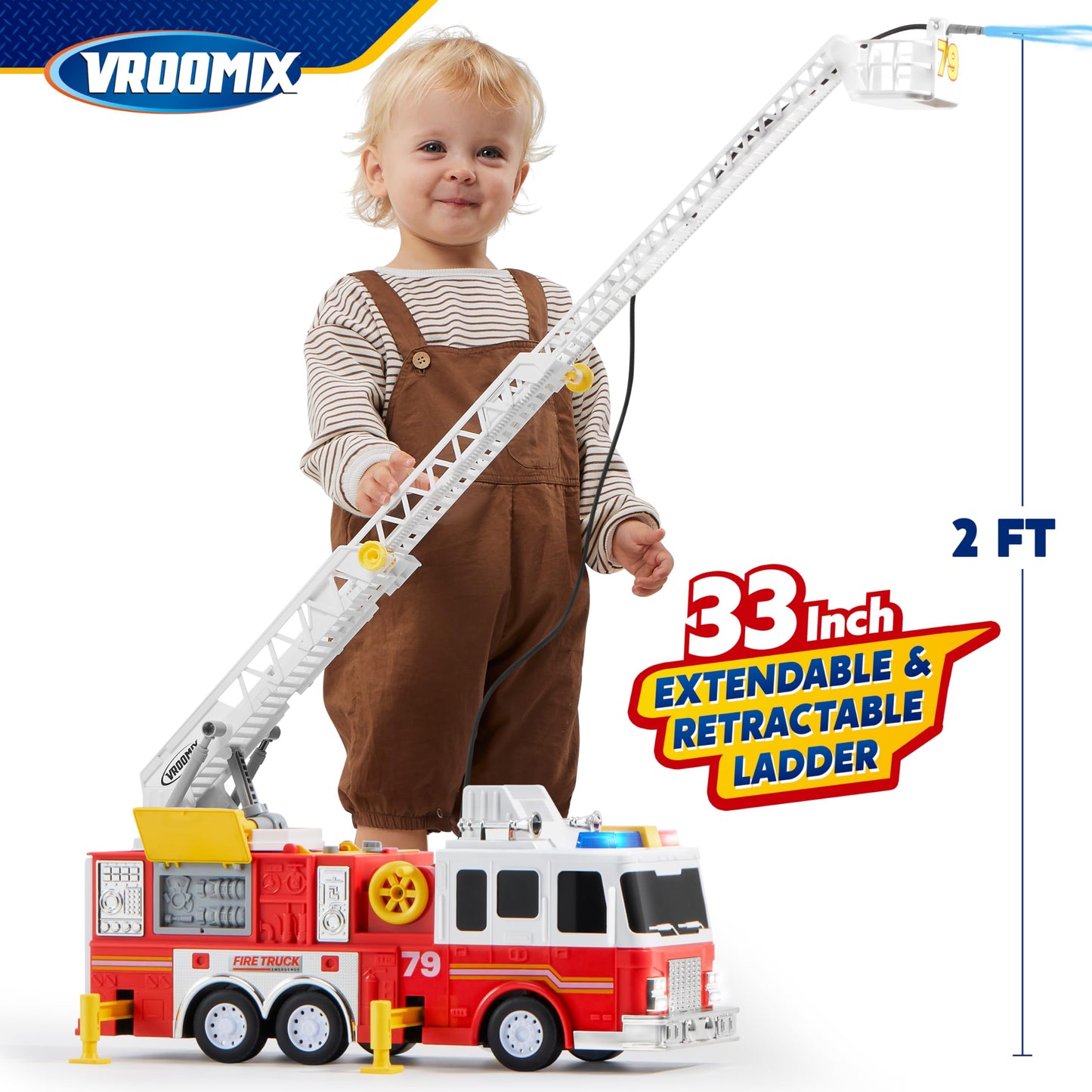 JOYIN Extra Large Toddler Fire Truck Toy with 33-Inch Ladder, Lights & Sprinkler
