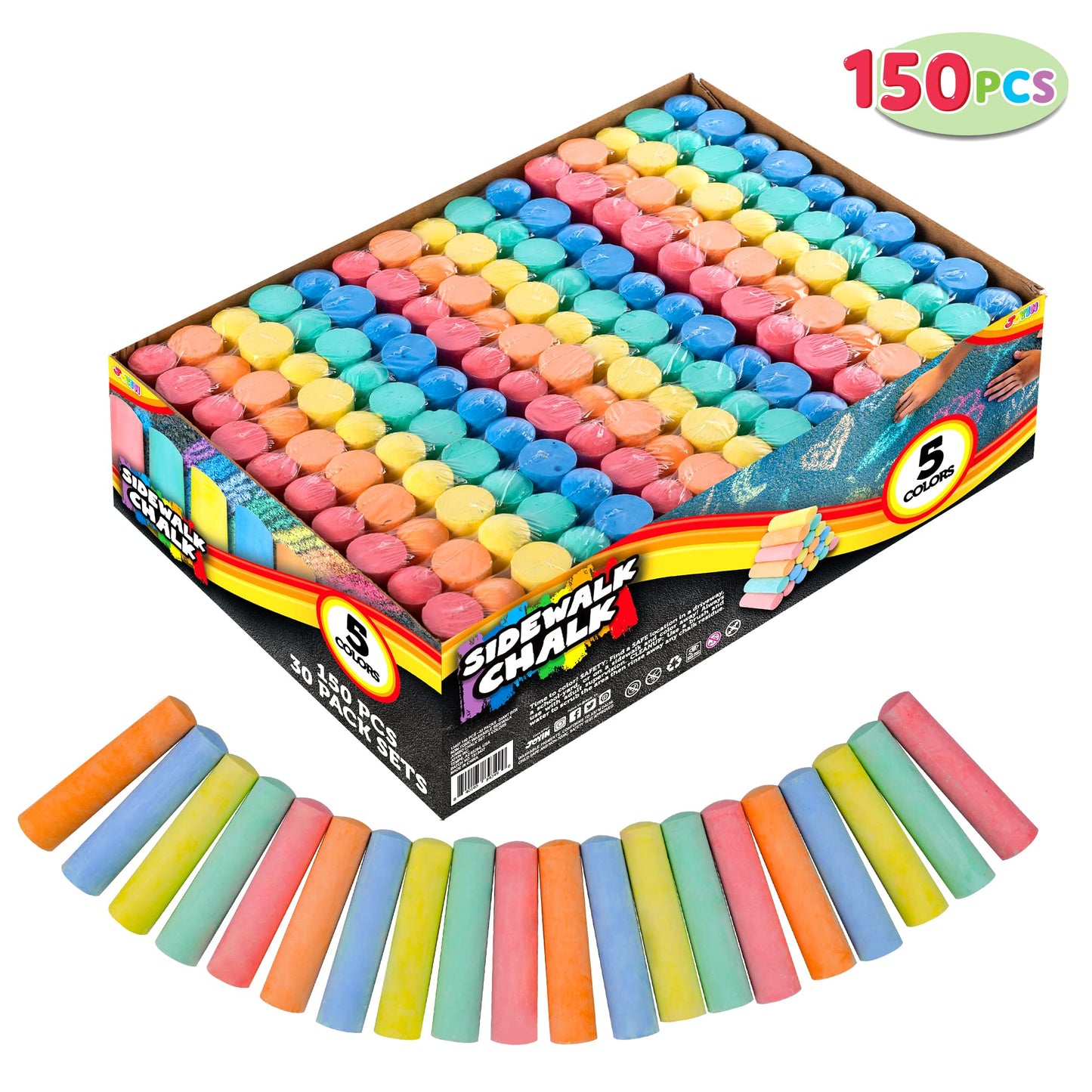 JOYIN 150 Pcs Sidewalk Chalk Set – 30 Packs, 5 Colors, Non-Toxic & Washable
