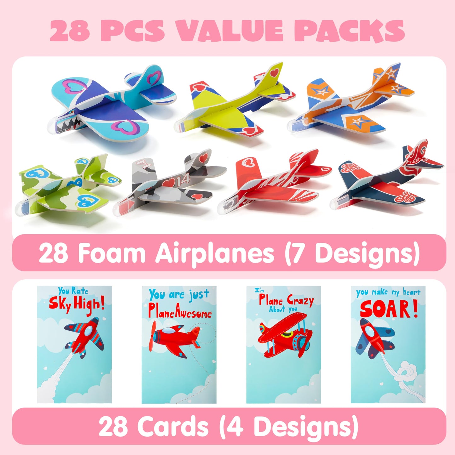 JOYIN 28-Pack Valentines Cards with Foam Airplanes – Classroom Exchange & Party Favors