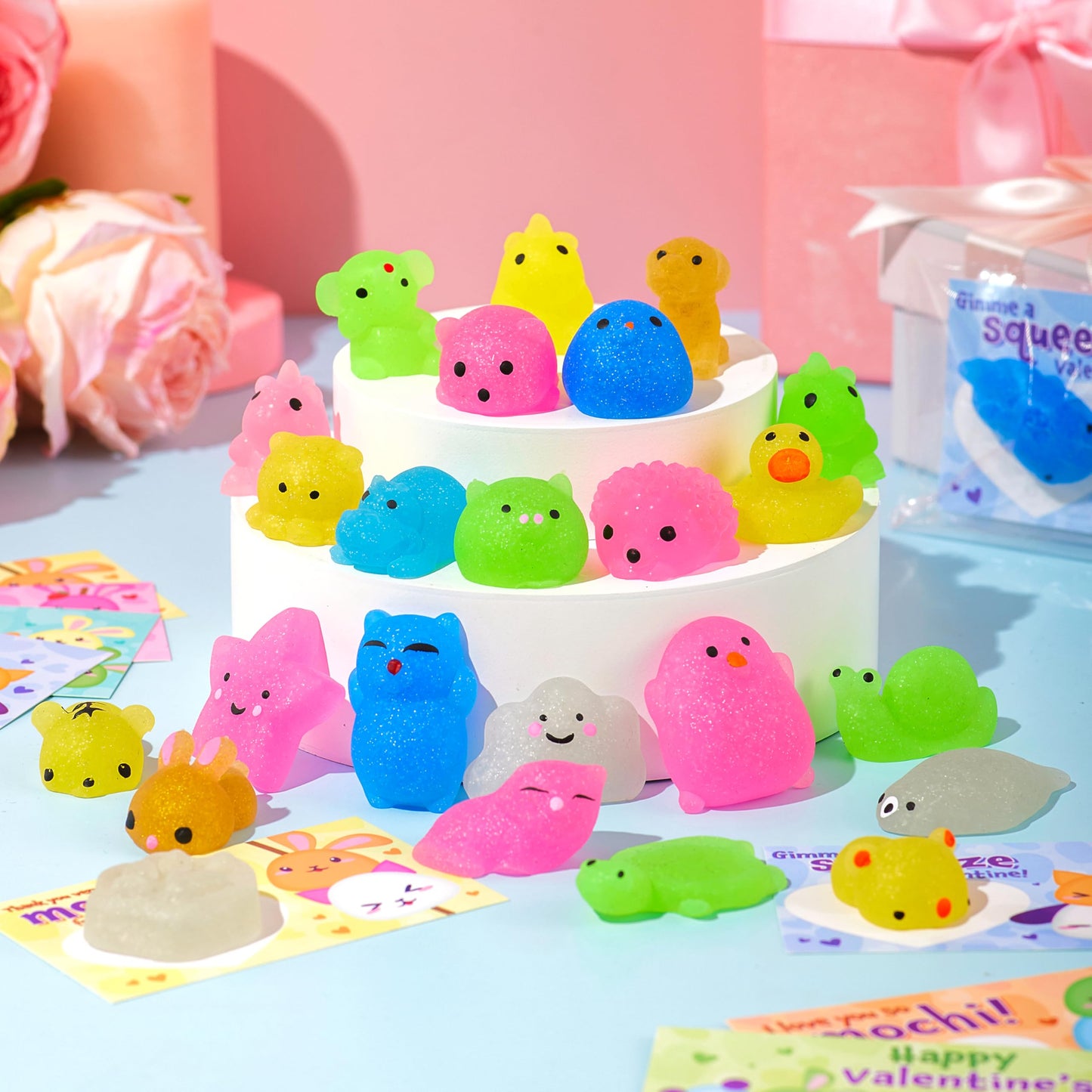 JOYIN 28-Pack Valentines Day Gifts for Kids | Cute Mochi Squishy Toys & Valentines Cards for Classrooms