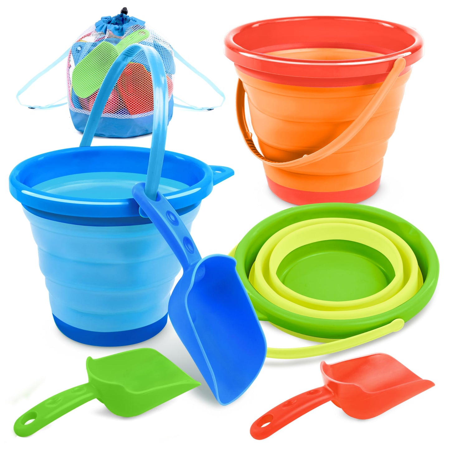 JOYIN 3-Pack Foldable Pail Buckets with Shovels & Mesh Bag | Collapsible Beach Buckets for Beach, Camping & More