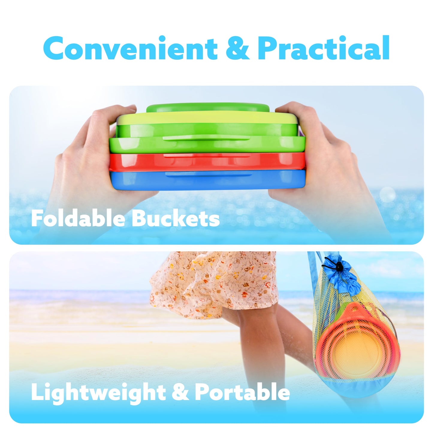 JOYIN 3-Pack Foldable Pail Buckets with Shovels & Mesh Bag | Collapsible Beach Buckets for Beach, Camping & More