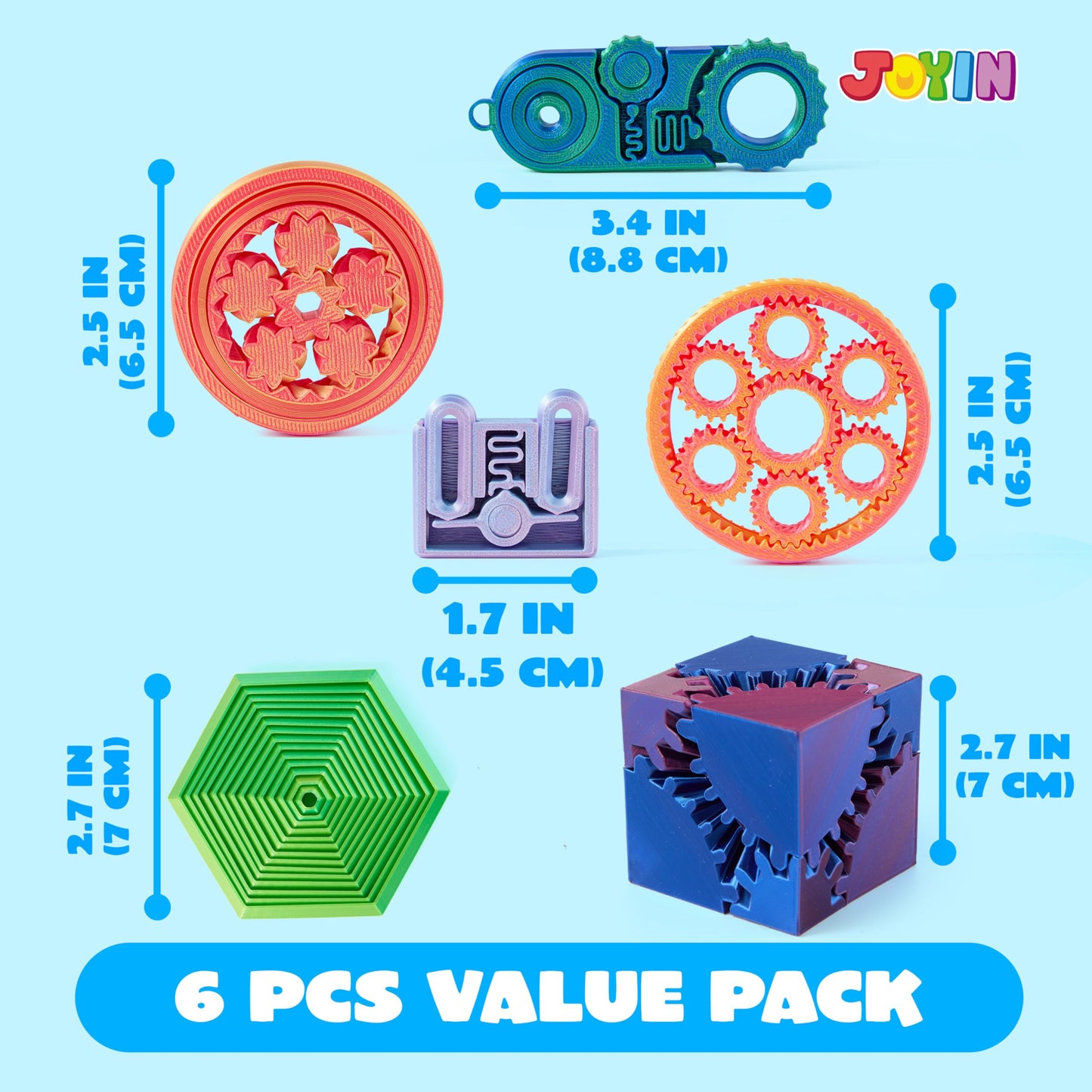 JOYIN 6Pcs 3D Printed Fidget Toys — Spin Fractal Gear, Metallic Color